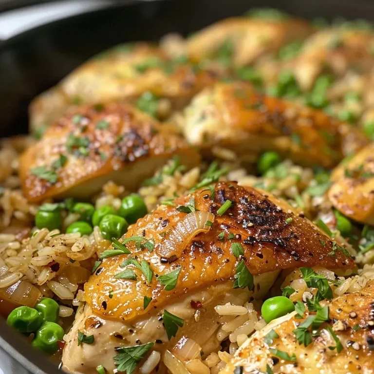 ['Close-up view of a One-Skillet Chicken and Rice Dinner with chicken pieces and rice visible.', 'Juicy chicken slices and rice with peas in a skillet, garnished with fresh parsley.', 'Side view of a One-Skillet Chicken and Rice dish showing vibrant colors and textures.', 'Delicious One-Skillet Chicken and Rice Dinner with golden chicken and green peas.']