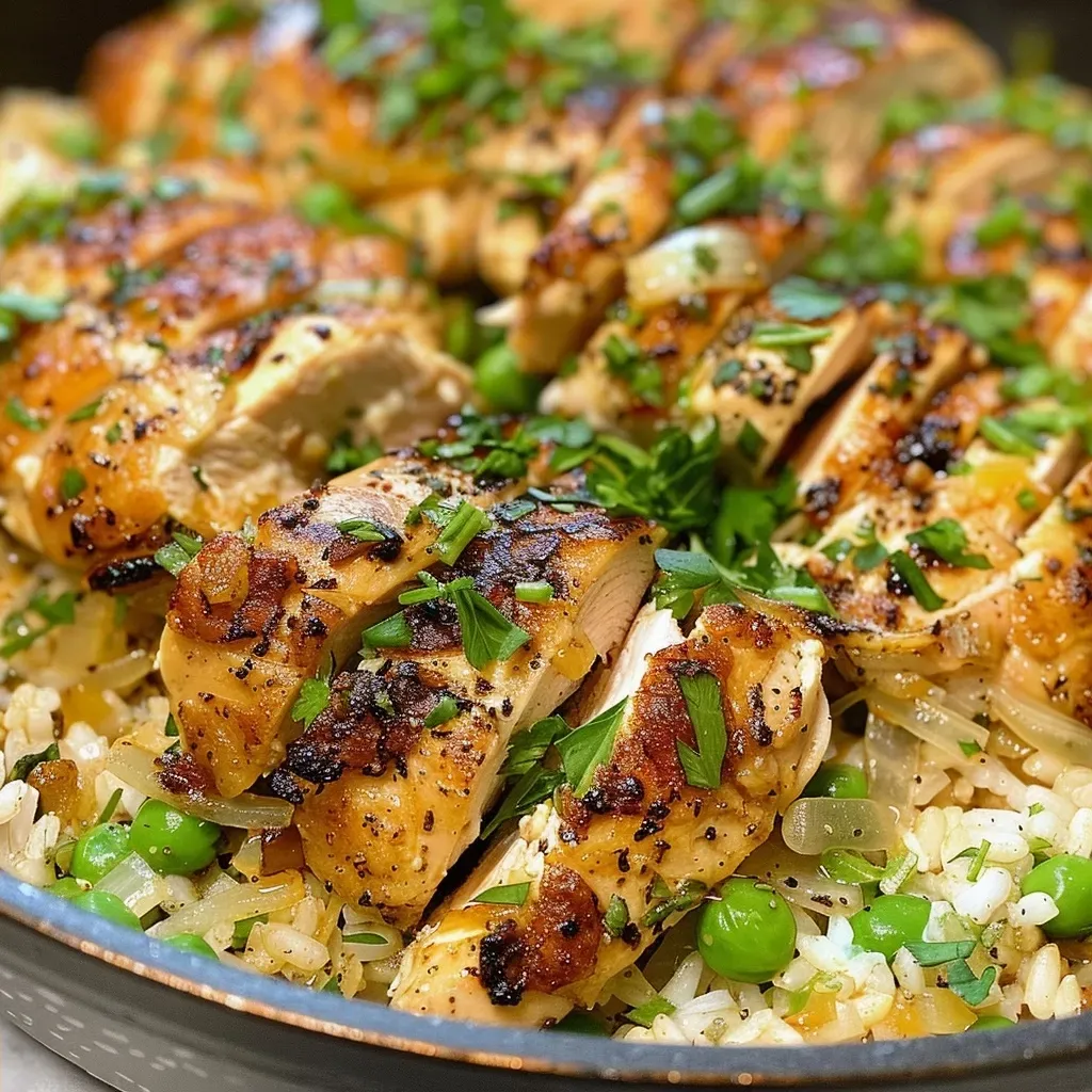 Close-up view of a One-Skillet Chicken and Rice Dinner with chicken pieces and rice visible.
