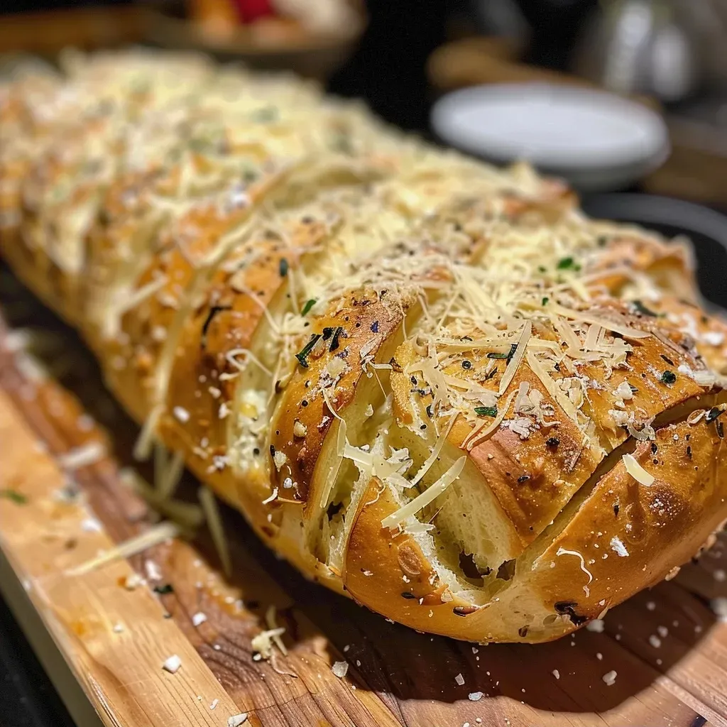 A side view close-up of crusty Parmesan Garlic Artisan Bread, golden brown with visible garlic bits and cheese.