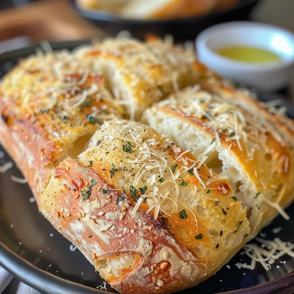 ['Close-up view of a loaf of Parmesan Garlic Artisan Bread showcasing a crisp crust and melted cheese.', 'Side profile of freshly baked Parmesan Garlic Artisan Bread with visible garlic pieces and Parmesan topping.', 'Detailed image of a golden-brown artisan bread loaf infused with garlic and Parmesan cheese.', 'Artisan bread with a crunchy crust and gooey cheese, perfectly baked with roasted garlic bits.']