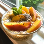 ['Close-up of a bowl of peach chia pudding with chopped peaches on top.', 'Side view of a creamy peach chia pudding garnished with fresh peach slices.', 'A vibrant dish of peach chia pudding displayed in a clear bowl.', 'Textured chia pudding made with peaches, served in a natural setting.']