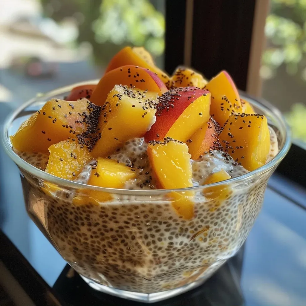 Close-up of a bowl of peach chia pudding with chopped peaches on top.