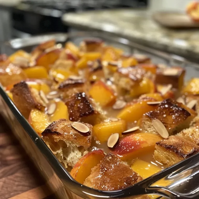 ['Close-up of a Peach French Toast Bake topped with sliced almonds.', 'Side view of Peach French Toast Bake showing golden crust and peach slices.', 'Juicy Peach French Toast Bake with a sprinkle of almonds and cinnamon.', 'Deliciously baked Peach French Toast with visible peach slices and almond topping.']