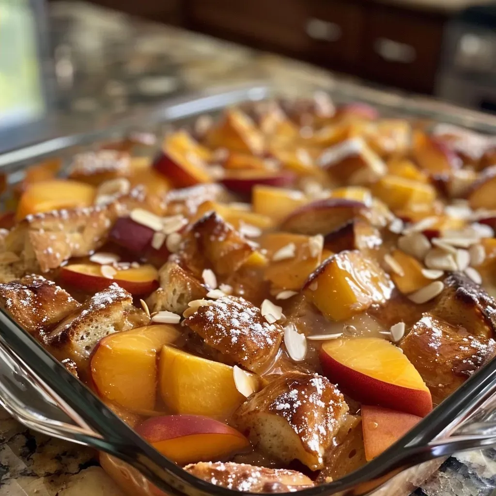 Close-up of a Peach French Toast Bake topped with sliced almonds.