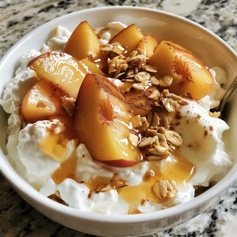 ['Close-up side view of a Peach Pie Cottage Cheese Bowl with fresh peach slices and granola.', 'A colorful bowl of Peach Pie Cottage Cheese topped with sliced peaches and nuts.', 'Side view of a hearty Peach Pie Cottage Cheese Bowl garnished with cinnamon and maple syrup.', 'Delicious Peach Pie Cottage Cheese Bowl showcasing juicy peaches and a sprinkle of granola.']