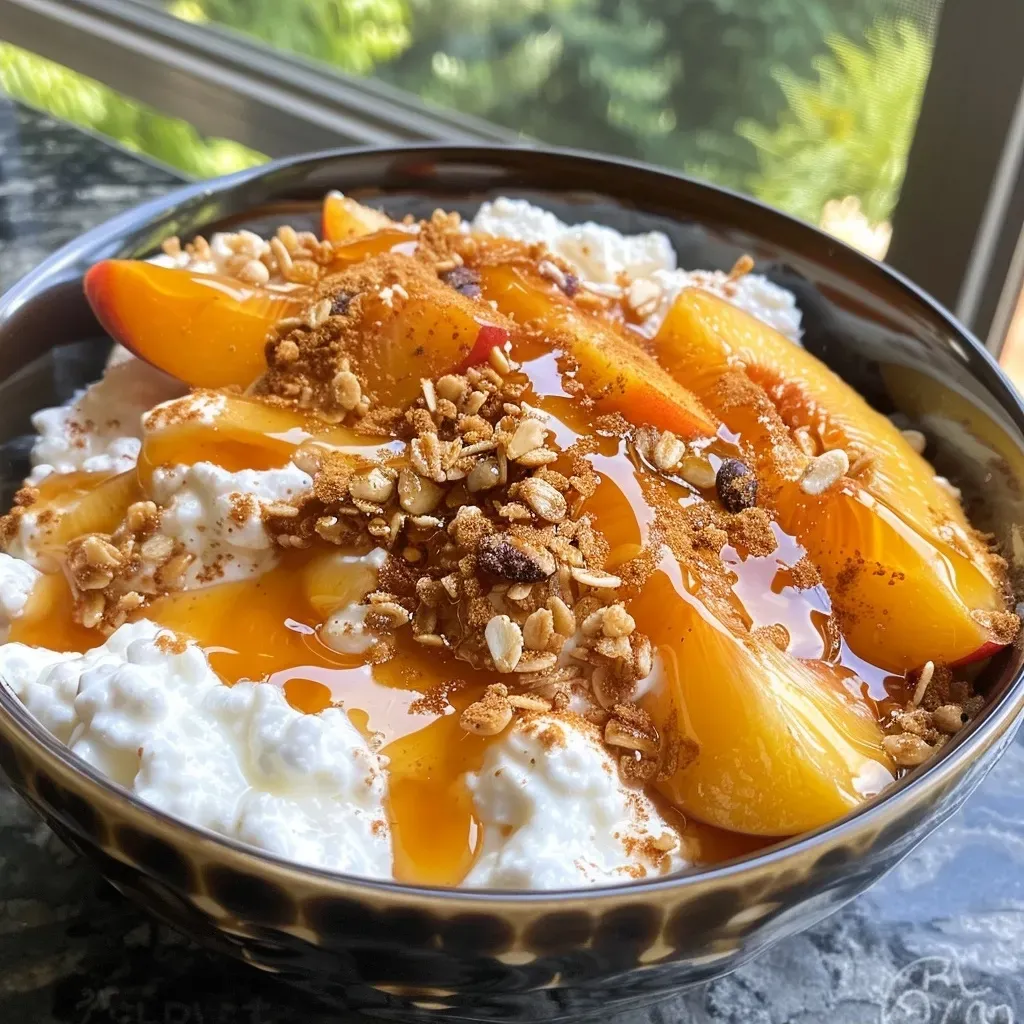 ['Close-up side view of a Peach Pie Cottage Cheese Bowl with fresh peach slices and granola.', 'A colorful bowl of Peach Pie Cottage Cheese topped with sliced peaches and nuts.', 'Side view of a hearty Peach Pie Cottage Cheese Bowl garnished with cinnamon and maple syrup.', 'Delicious Peach Pie Cottage Cheese Bowl showcasing juicy peaches and a sprinkle of granola.']