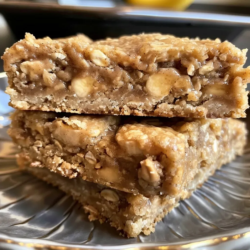 A close-up side view of moist Peanut Butter Banana Bars, showcasing their texture and ingredients.