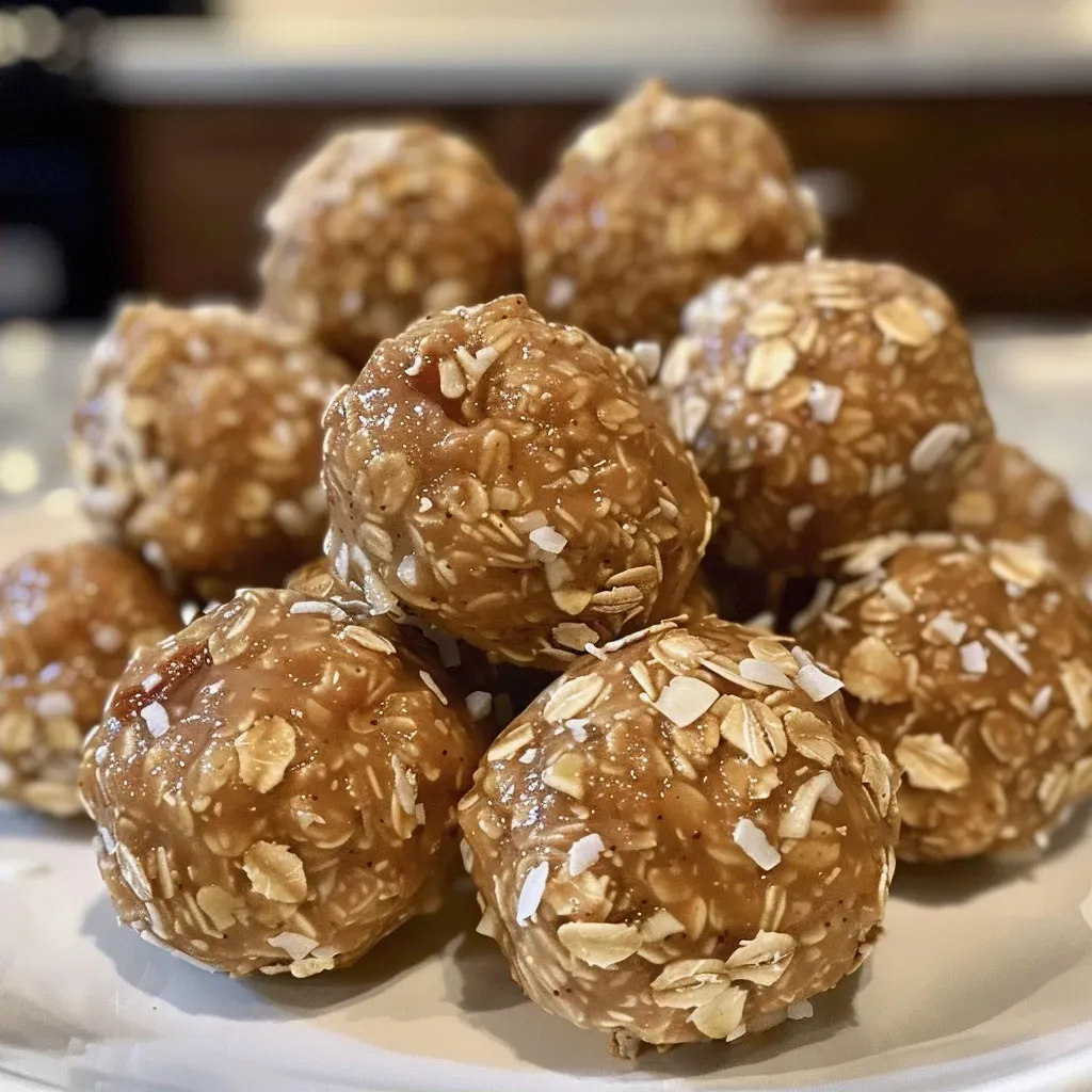 ['Close-up view of Peanut Butter Coconut Balls arranged on a plate.', 'Side view of delicious Peanut Butter Coconut Balls with a glistening coating of coconut.', 'A tempting display of homemade Peanut Butter Coconut Balls, highlighting their texture.', 'Juicy Peanut Butter Coconut Balls, showcasing a mix of oats and coconut chips.']