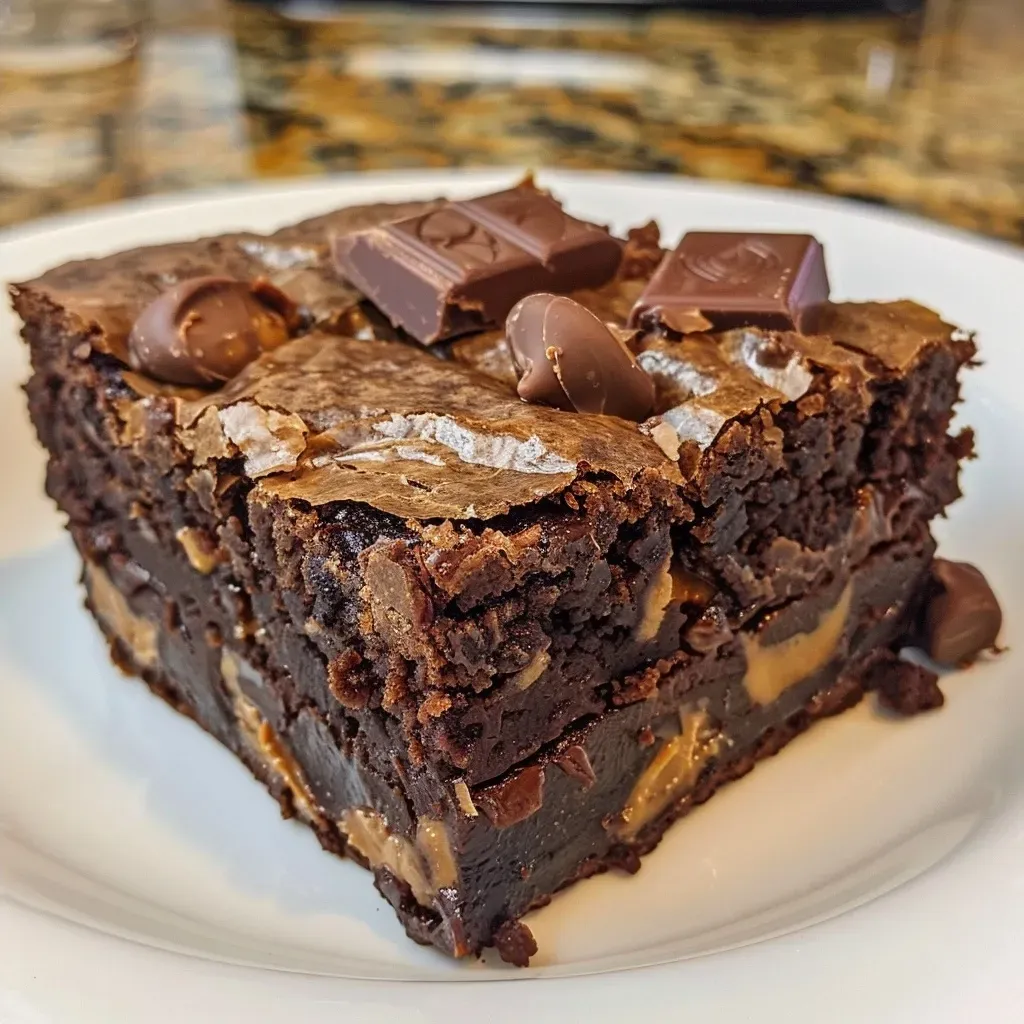 Close-up of decadent Peanut Butter Cup Brownies with a rich, gooey texture.