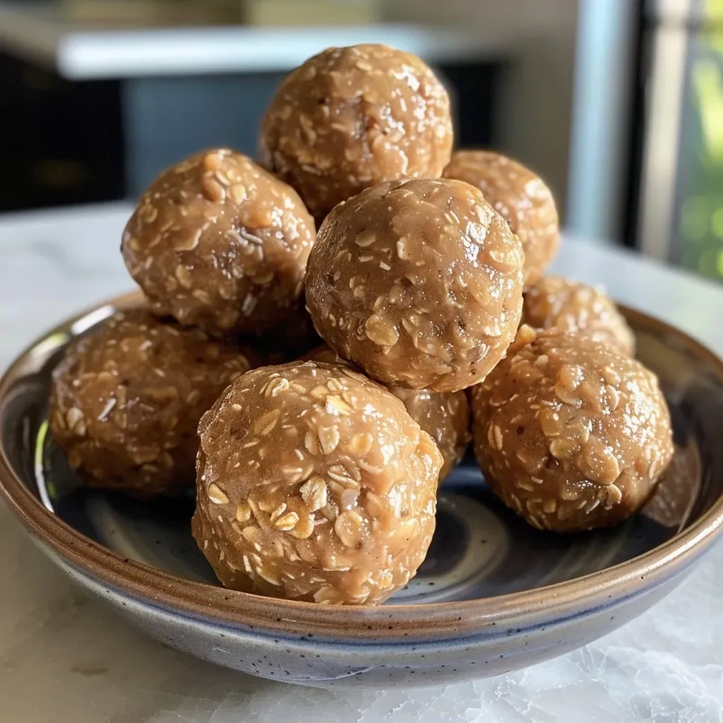 ['Close-up view of peanut butter energy balls, showcasing their textured surface.', 'A side angle of delicious peanut butter energy balls with visible chocolate chips.', 'Juicy peanut butter energy balls displayed on a plate, highlighting their round shape.', 'Freshly made peanut butter energy balls with a glossy finish, shot from a side perspective.']