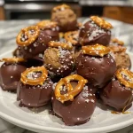 ['Close-up view of rich Peanut Butter Pretzel Truffles with a glossy chocolate coating.', 'Delicious truffles made with pretzels and peanut butter, elegantly arranged with a sprinkle of sea salt.', 'Side view of Peanut Butter Pretzel Truffles, showcasing their creamy filling and chocolate exterior.', 'A cluster of indulgent truffles featuring a crunchy pretzel texture and a drizzle of chocolate.']