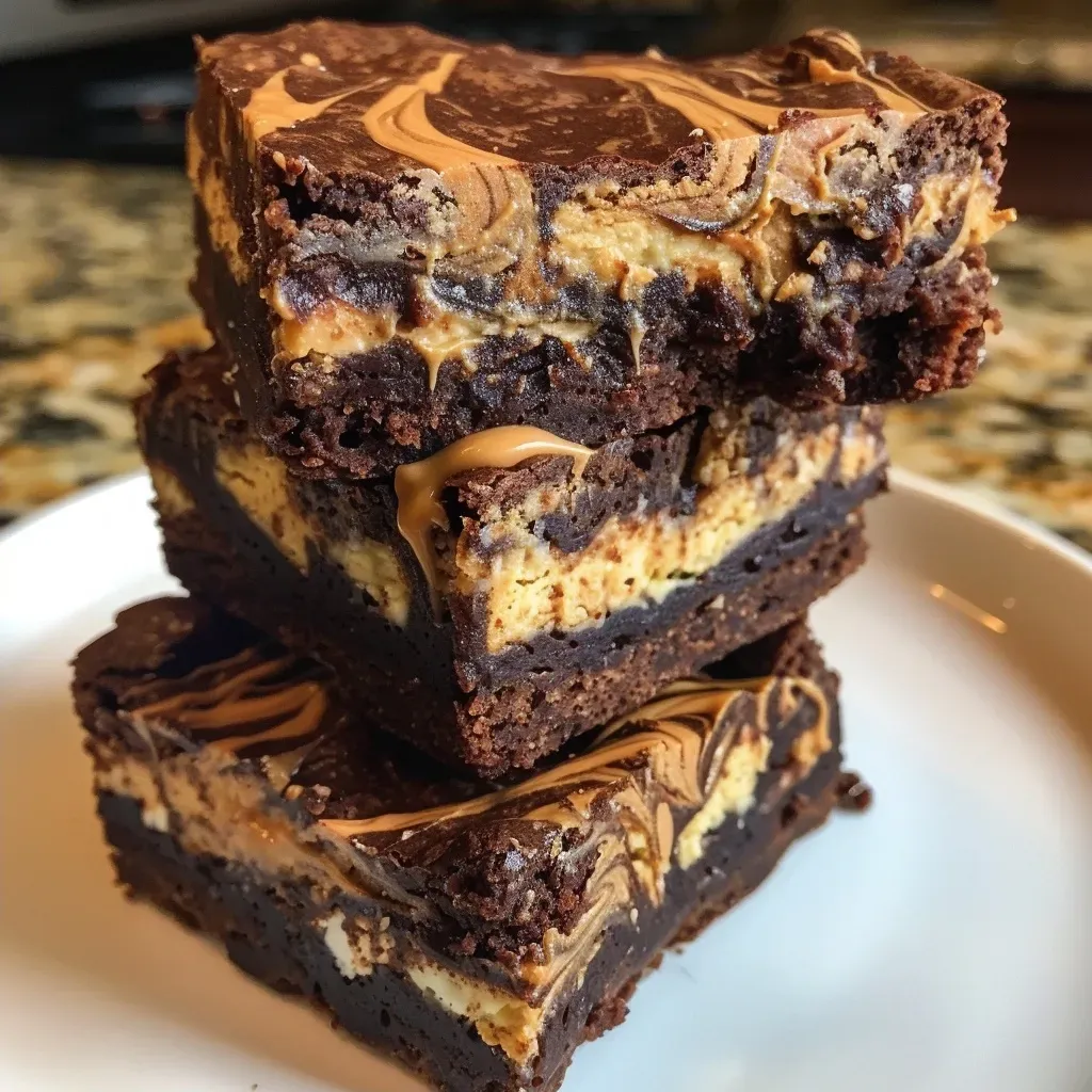 Close-up of moist peanut butter swirl protein brownies with a glossy top.