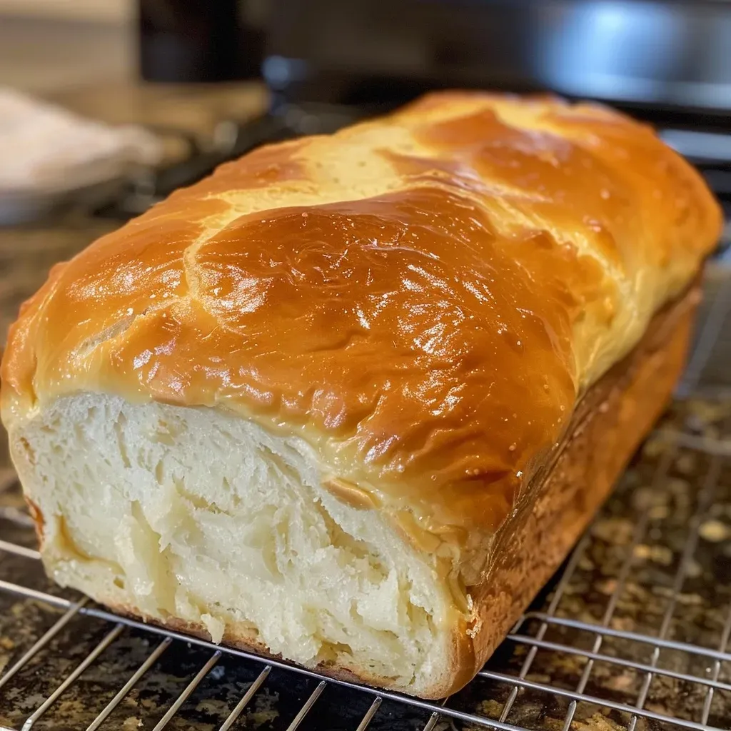 Close-up view of a slice of golden-brown potato bread, showcasing its crust and fluffy interior.