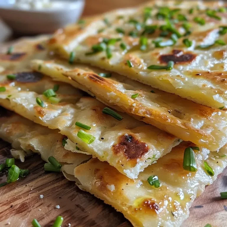 ['Close-up view of a golden-brown Potato Flatbread on a wooden surface.', 'Side view of a flaky Potato Flatbread with visible potato and scallion filling.', 'Juicy and soft Potato Flatbread arranged on a plate, showcasing its texture.', 'Freshly cooked Potato Flatbread with a lightly crisped exterior and herbs.']