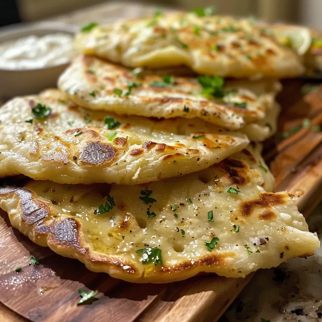 ['Close-up view of a golden-brown Potato Flatbread on a wooden surface.', 'Side view of a flaky Potato Flatbread with visible potato and scallion filling.', 'Juicy and soft Potato Flatbread arranged on a plate, showcasing its texture.', 'Freshly cooked Potato Flatbread with a lightly crisped exterior and herbs.']