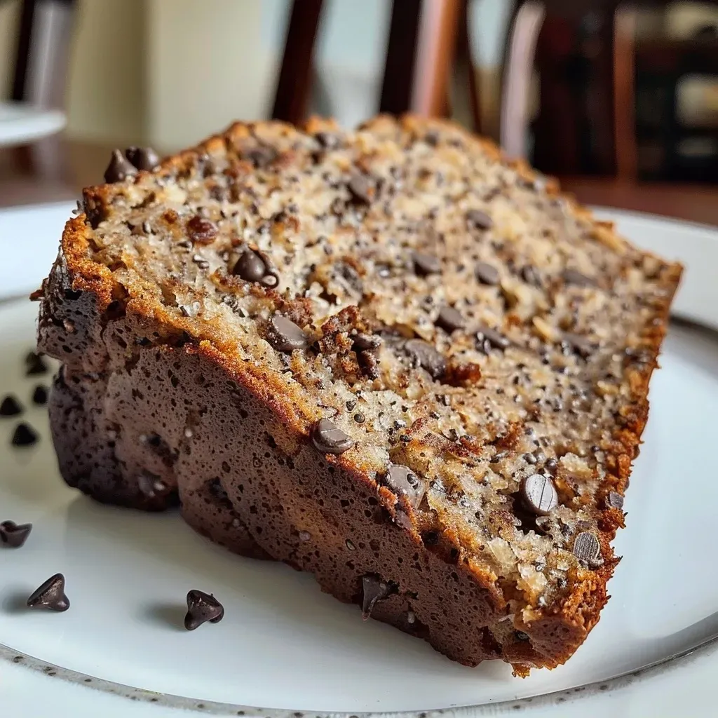['A side view of a slice of Protein Banana Bread on a wooden table, showcasing its moist texture.', 'Close-up of a fresh slice of Protein Banana Bread with chocolate chips, highlighting its golden crust.', 'A delicious-looking slice of Protein Banana Bread with visible banana pieces and a soft interior.', 'Side view of a rich and fluffy Protein Banana Bread slice, revealing its inviting chocolate chip filling.']