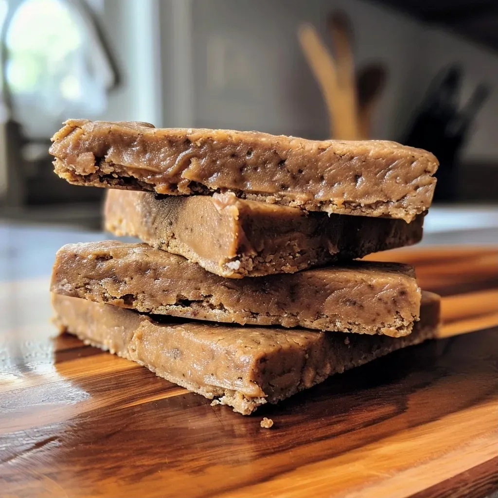 Close-up side view of a juicy protein bar with a shiny chocolate coating.