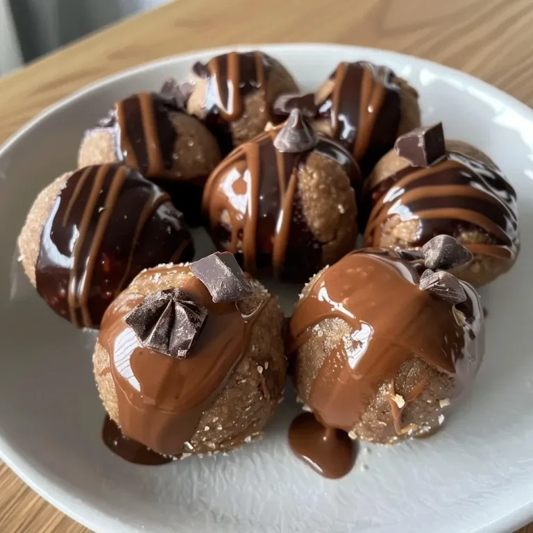 ['Close-up of golden Protein Cookie Dough Balls with chocolate chunks.', 'Side view of round Protein Cookie Dough Balls, showcasing a drippy texture.', 'A cluster of delicious Protein Cookie Dough Balls, featuring bits of chocolate.', 'Macro shot of Protein Cookie Dough Balls, highlighting a creamy peanut butter surface.']