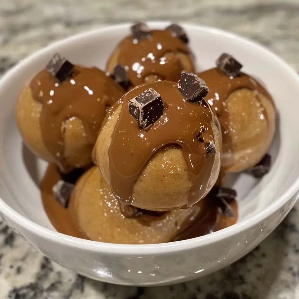 ['Close-up of golden Protein Cookie Dough Balls with chocolate chunks.', 'Side view of round Protein Cookie Dough Balls, showcasing a drippy texture.', 'A cluster of delicious Protein Cookie Dough Balls, featuring bits of chocolate.', 'Macro shot of Protein Cookie Dough Balls, highlighting a creamy peanut butter surface.']