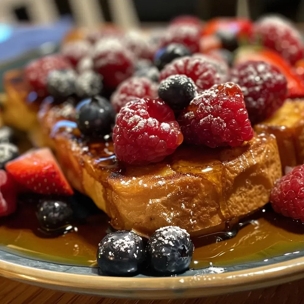 Close-up view of a golden-brown Protein French Toast Casserole topped with berries.