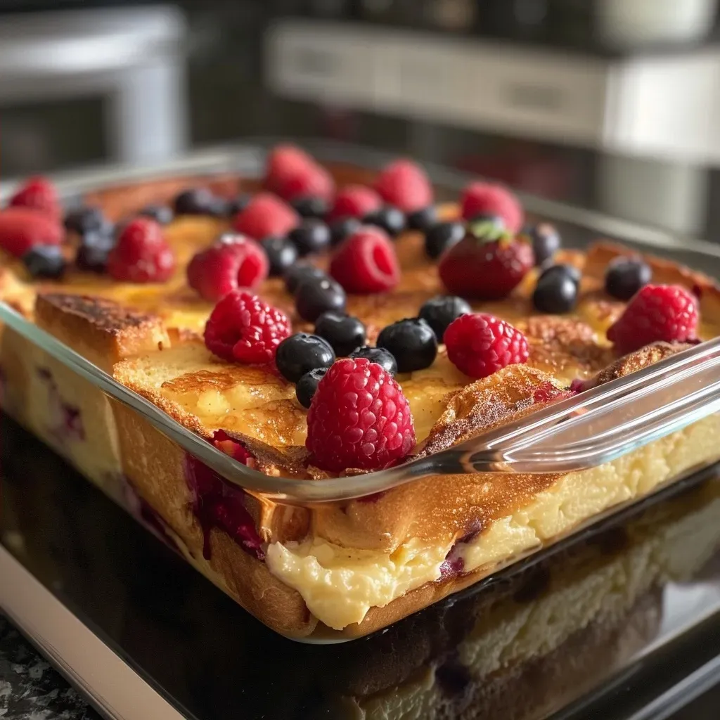 Close-up view of a golden-brown Protein French Toast Casserole topped with berries.