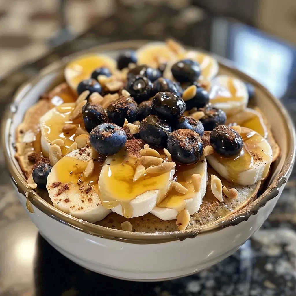 ['A side view of a colorful protein pancake bowl topped with fresh fruit and drizzled with syrup.', 'Close-up of a protein pancake bowl featuring fluffy pancakes, yogurt, and vibrant toppings.', 'A delicious protein pancake bowl adorned with berries, nuts, and a touch of maple syrup.', 'A detailed view of a protein pancake bowl with stacked pancakes and assorted toppings.']