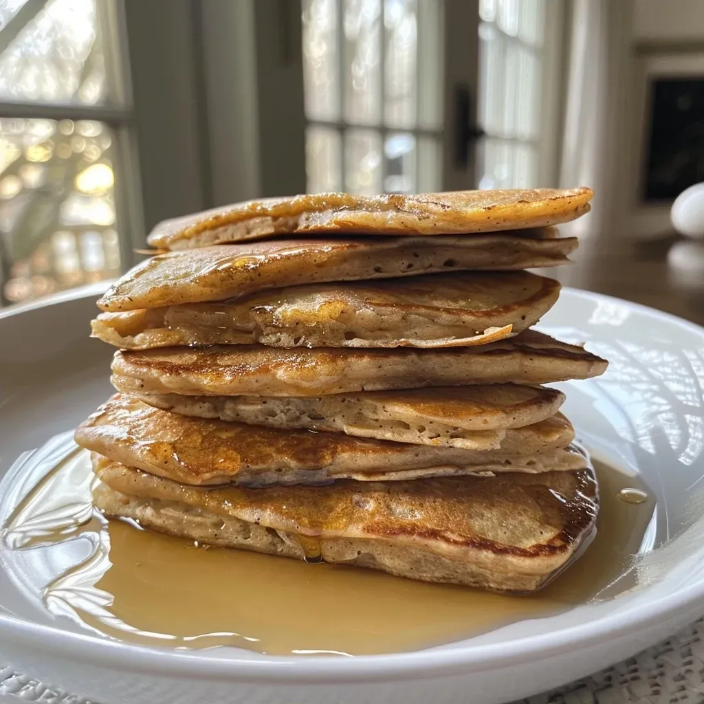 Close-up view of golden brown protein pancakes stacked on a plate.