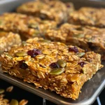 ['Close-up of chewy pumpkin granola bars with visible ingredients like cranberries and chocolate chips.', 'Side view of freshly baked pumpkin granola bars showcasing a golden-brown surface and toppings.', 'Deliciously textured pumpkin granola bars packed with pepitas and oats, presented on a wooden board.', 'A mouthwatering arrangement of pumpkin granola bars highlighting their rich, orange hue and mix-ins.']