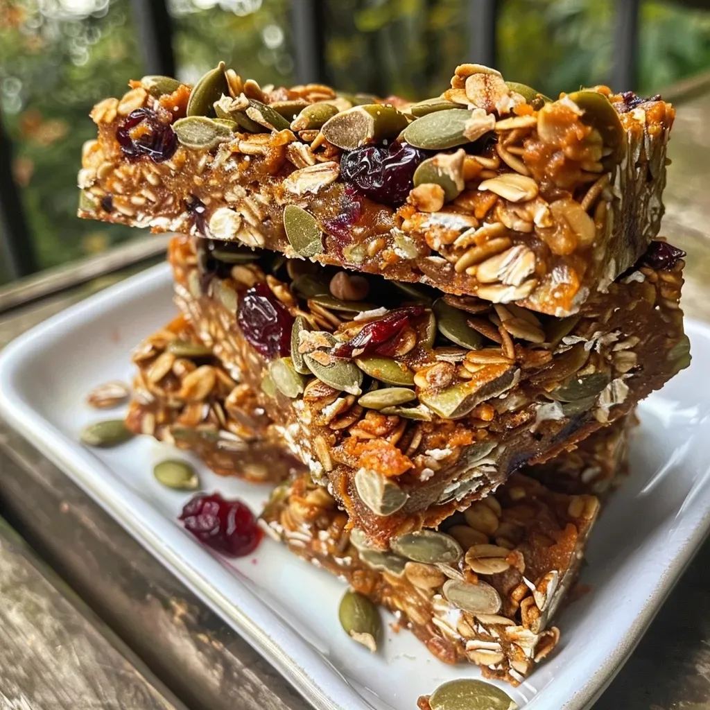 ['Close-up of chewy pumpkin granola bars with visible ingredients like cranberries and chocolate chips.', 'Side view of freshly baked pumpkin granola bars showcasing a golden-brown surface and toppings.', 'Deliciously textured pumpkin granola bars packed with pepitas and oats, presented on a wooden board.', 'A mouthwatering arrangement of pumpkin granola bars highlighting their rich, orange hue and mix-ins.']
