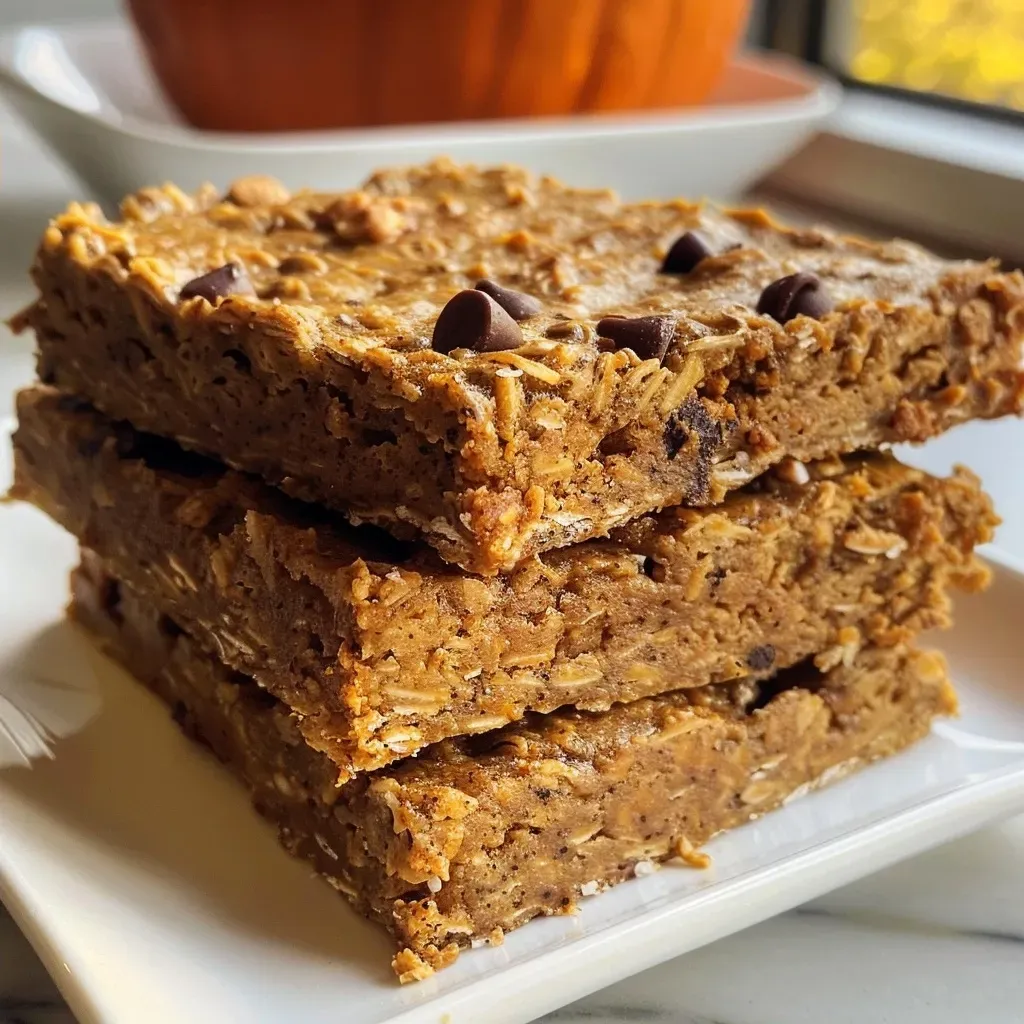 ['Close-up view of textured pumpkin protein bars with chocolate chips.', 'Side angle of moist pumpkin protein bars showcasing their dense texture.', 'Highlight of vegan pumpkin protein bars with a golden-brown exterior.', 'Deliciously stacked pumpkin protein bars featuring a sprinkle of chocolate chips.']