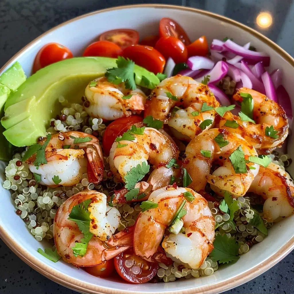['A vibrant quinoa bowl featuring shrimp, cherry tomatoes, avocado, and garnished with cilantro.', 'Close-up view of a colorful quinoa bowl with juicy shrimp and fresh vegetables.', 'Detailed shot of a shrimp quinoa bowl with diced avocado and red onion, looking appetizing.', 'A beautifully arranged quinoa bowl with shrimp, tomatoes, and cilantro on top.']
