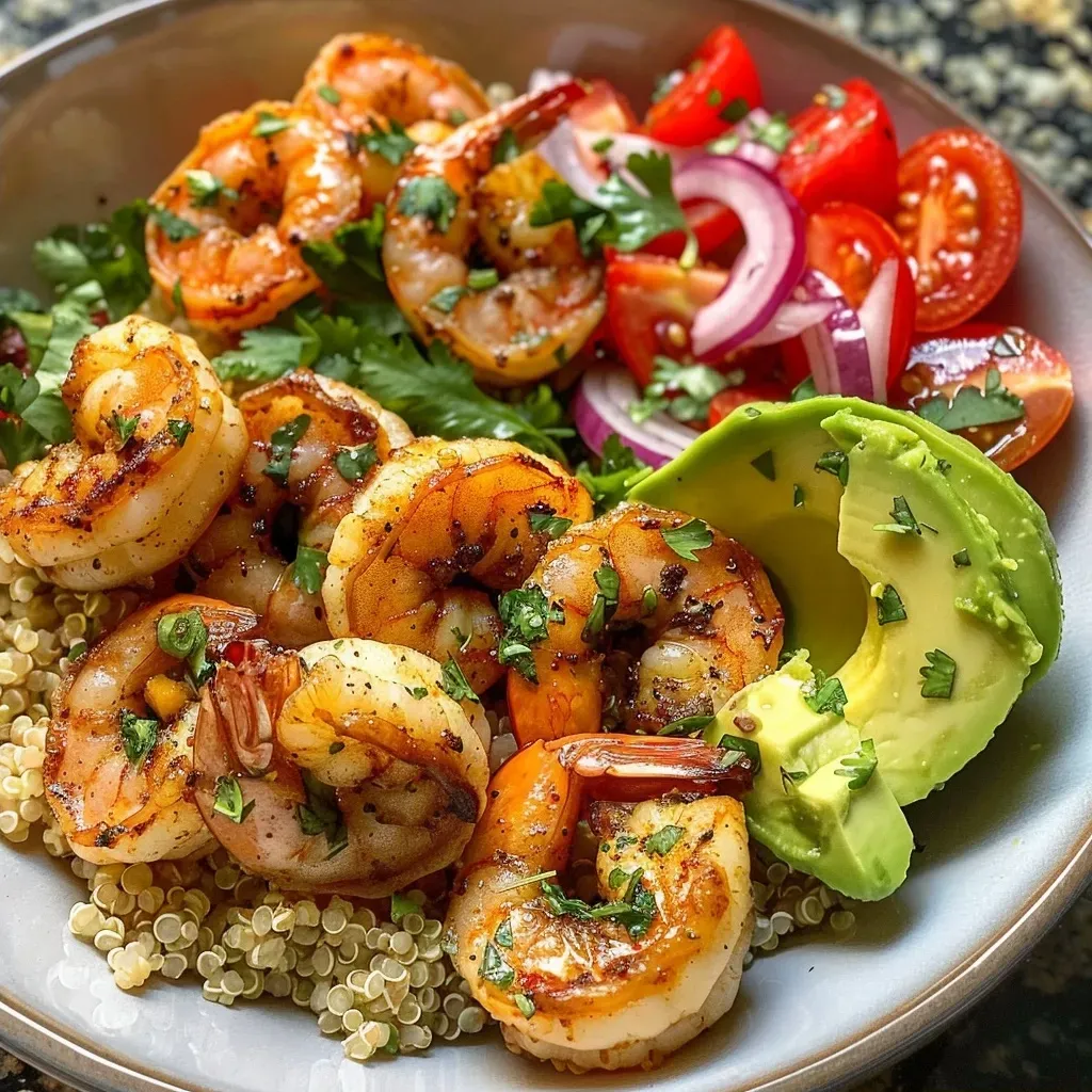 ['A vibrant quinoa bowl featuring shrimp, cherry tomatoes, avocado, and garnished with cilantro.', 'Close-up view of a colorful quinoa bowl with juicy shrimp and fresh vegetables.', 'Detailed shot of a shrimp quinoa bowl with diced avocado and red onion, looking appetizing.', 'A beautifully arranged quinoa bowl with shrimp, tomatoes, and cilantro on top.']