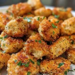 ['Close-up view of juicy Ranch Chicken Bites on a white plate.', 'A side view of golden-brown Ranch Chicken Bites garnished on a table.', 'Succulent Ranch Chicken Bites arranged attractively, showcasing their crispy texture.', 'Detailed shot of tender Ranch Chicken Bites, highlighting their seasoning and juiciness.']