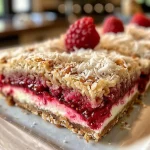 ['Close-up of Raspberry Coconut Bars showcasing a golden crust and vibrant raspberry filling.', 'Side view of freshly baked Raspberry Coconut Bars with a tempting layered texture.', 'Juicy Raspberry Coconut Bars highlighting the flaked coconut topping and rich raspberry preserve.', 'Delicious Raspberry Coconut Bars displayed with a mouthwatering appearance and creamy filling.']