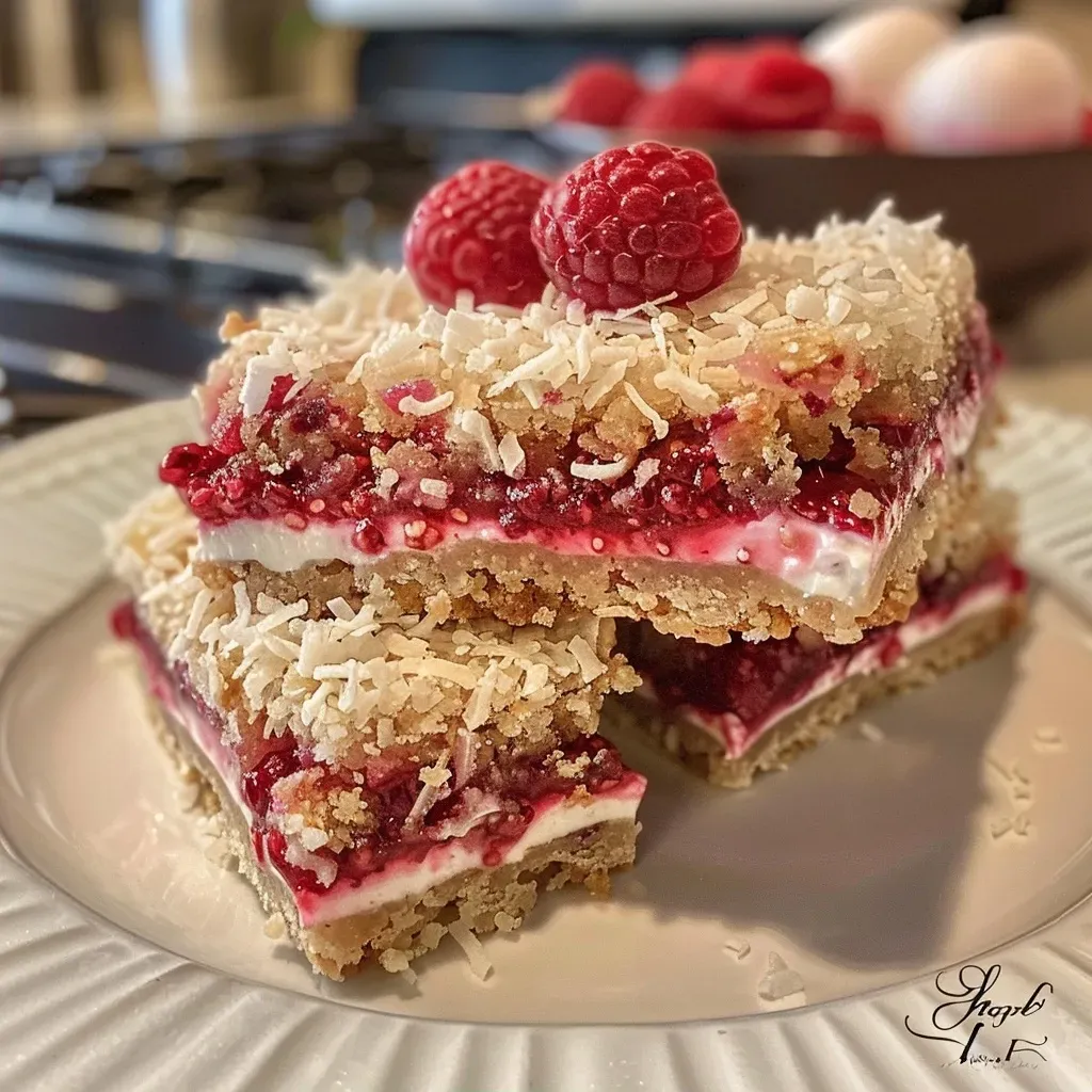 ['Juicy raspberry coconut bars with dark chocolate drizzle, cut into squares.', 'Close-up view of raspberry coconut bars, showcasing the texture and layers.', 'A side view of raspberry coconut bars topped with melted dark chocolate.', 'Delicious raspberry coconut bars on a wooden surface, highlighting vibrant colors.']