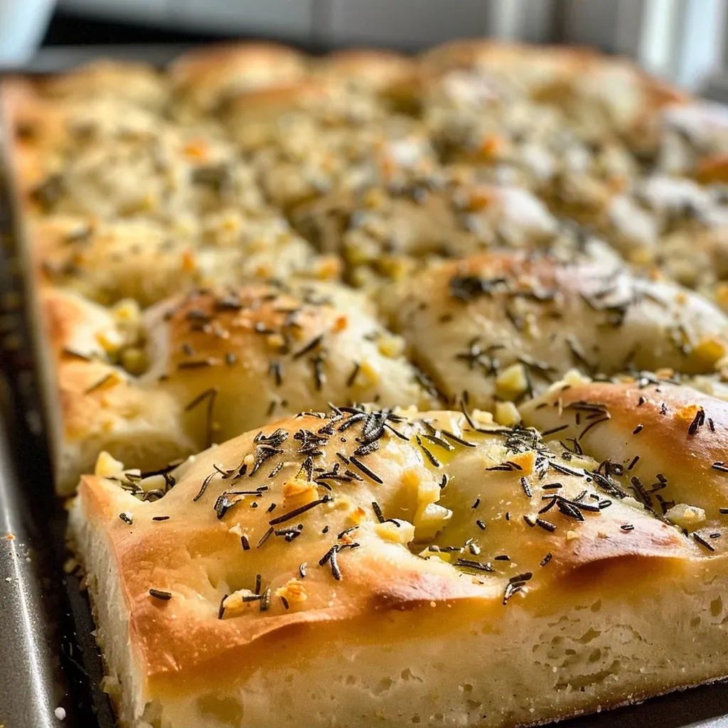['Close-up of freshly baked rosemary garlic focaccia with cherry tomatoes.', 'Side view of a golden-brown focaccia topped with herbs and tomatoes.', 'Juicy, rustic focaccia bread with rosemary, garlic, and cherry tomatoes.', 'Warm focaccia loaf showing a textured crust and vibrant toppings.']