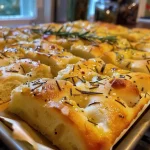['Close-up view of a freshly baked Rosemary Garlic Focaccia with topped cherry tomatoes.', 'Side angle of golden-brown Rosemary Garlic Focaccia sprinkled with rosemary and garlic.', 'Juicy Rosemary Garlic Focaccia showcasing a crispy crust and colorful tomato slices.', 'Detailed photo of soft and airy Rosemary Garlic Focaccia with herbs and olive oil glistening.']