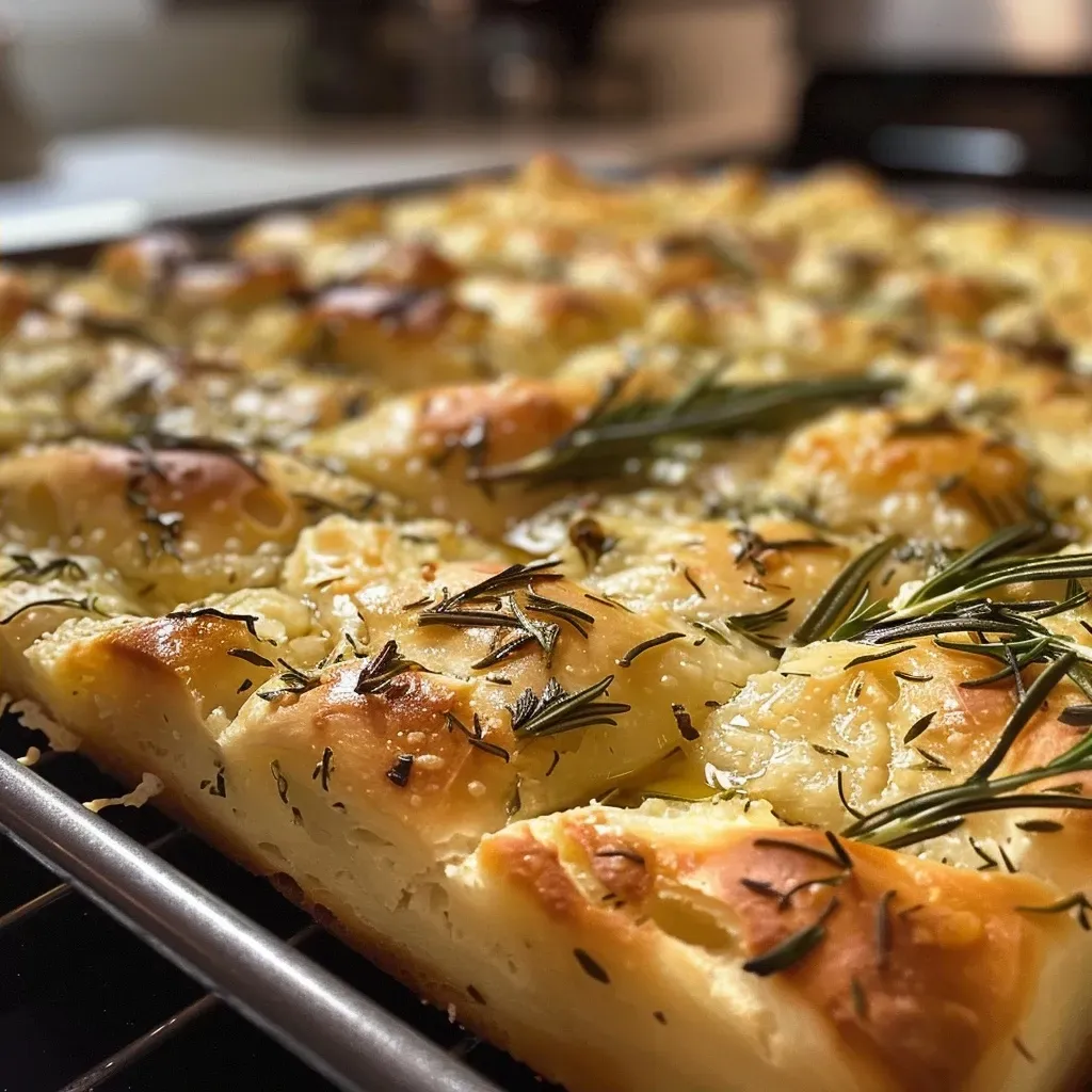 Close-up view of a freshly baked Rosemary Garlic Focaccia with topped cherry tomatoes.