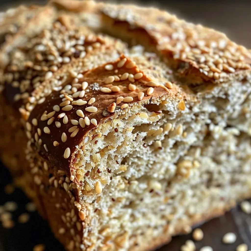 Close-up of a slice of rustic multigrain bread displaying a variety of seeds.