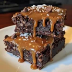 ['Close-up side view of a salted caramel brownie topped with a drizzle of caramel.', 'A delicious salted caramel brownie made with almond flour, displayed on a textured surface.', 'Succulent salted caramel brownie with glossy caramel glaze and a sprinkle of sea salt.', 'Rich, moist brownie featuring salted caramel, captured in a side view.']