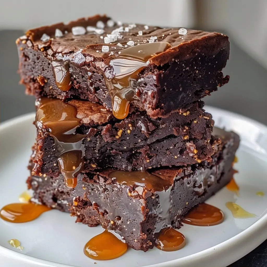 ['Close-up side view of a salted caramel brownie topped with a drizzle of caramel.', 'A delicious salted caramel brownie made with almond flour, displayed on a textured surface.', 'Succulent salted caramel brownie with glossy caramel glaze and a sprinkle of sea salt.', 'Rich, moist brownie featuring salted caramel, captured in a side view.']