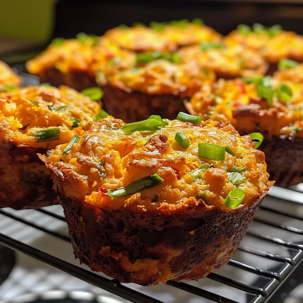 Close-up view of golden-brown savory sweet potato muffins with visible green onions and jalapeƱos.