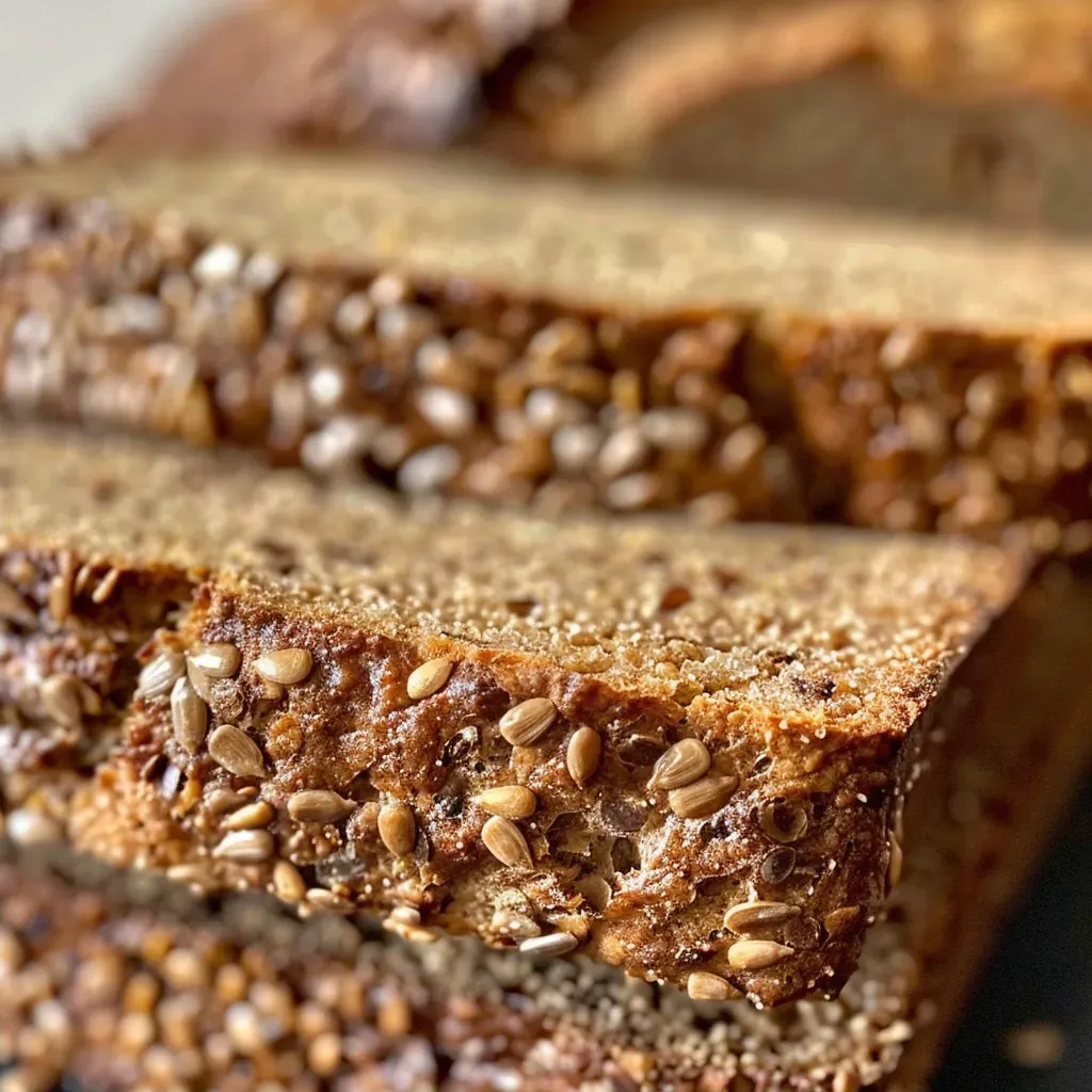 ['A side view close-up of a loaf of multigrain bread with a golden crust.', 'Freshly baked multigrain bread showcasing a textured crust and visible seeds.', 'Close-up side angle of a rustic multigrain bread highlighting its chewy interior and crunchy exterior.', 'A detailed side view of a crusty multigrain loaf with an array of grains and seeds peeking through.']