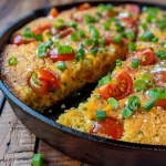 ['Close-up view of a slice of skillet cornbread topped with colorful heirloom tomatoes.', 'A side view of juicy cornbread featuring vibrant heirloom tomato slices.', 'Skillet cornbread adorned with thick slices of heirloom tomatoes in a side profile shot.', 'Detailed image of cornbread, showcasing heirloom tomatoes layered on top.']