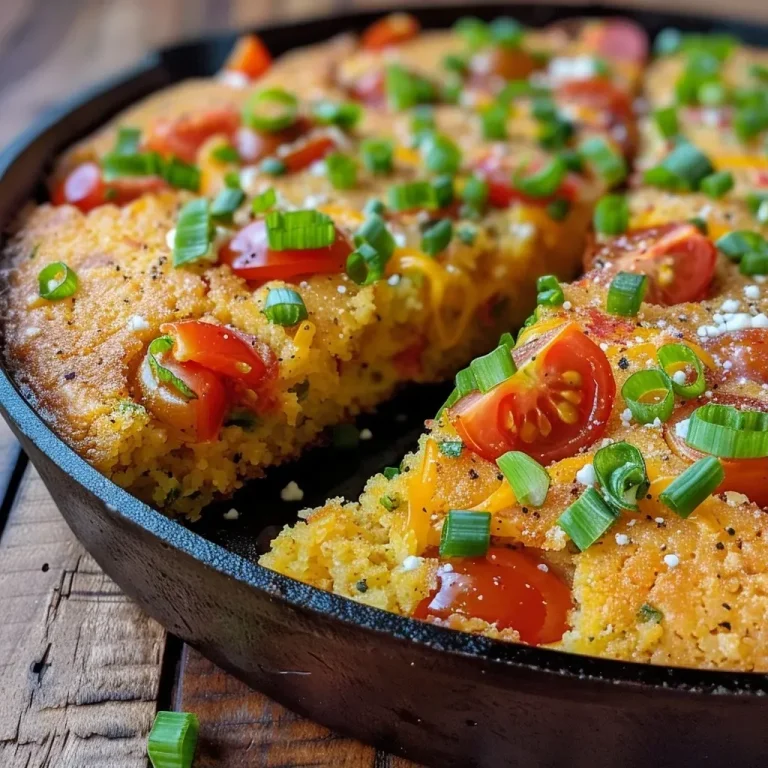 ['Close-up view of a slice of skillet cornbread topped with colorful heirloom tomatoes.', 'A side view of juicy cornbread featuring vibrant heirloom tomato slices.', 'Skillet cornbread adorned with thick slices of heirloom tomatoes in a side profile shot.', 'Detailed image of cornbread, showcasing heirloom tomatoes layered on top.']
