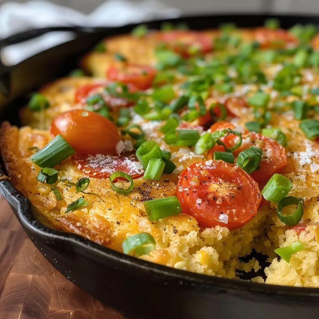 Close-up view of a slice of skillet cornbread topped with colorful heirloom tomatoes.