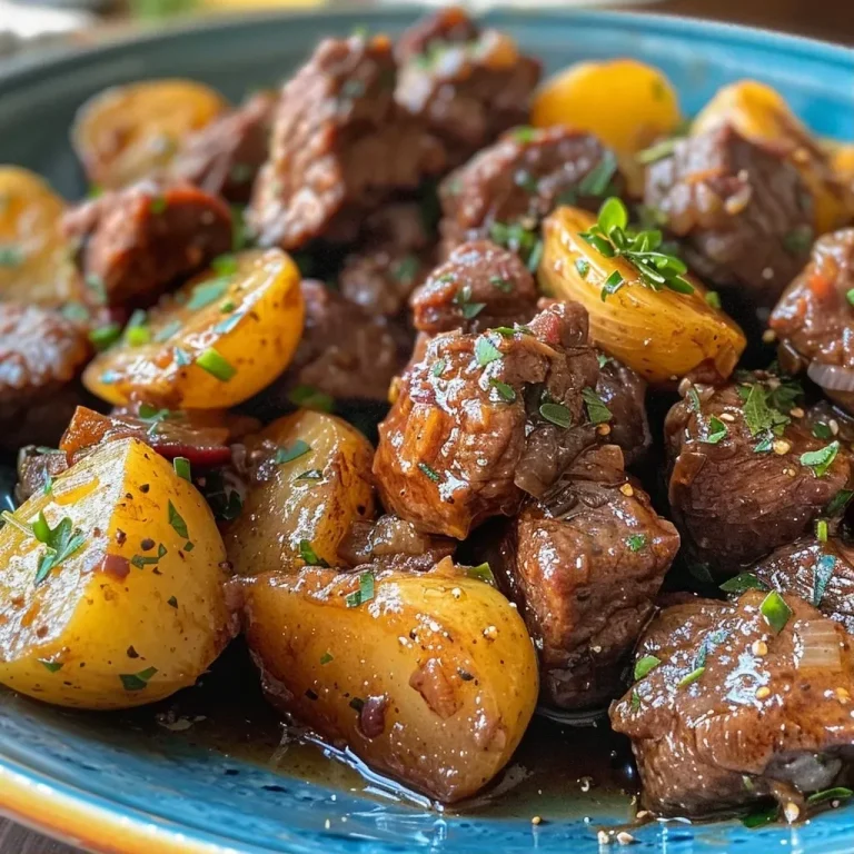 ['Close-up view of succulent beef bites in a slow cooker, garnished with herbs.', 'Juicy slow cooker beef bites with baby potatoes, showcasing a savory glaze.', 'Side view of tender beef bites simmering in a rich broth, with garlic and herbs visible.', 'Hearty slow cooker beef bites plated with halved baby potatoes and herbs.']