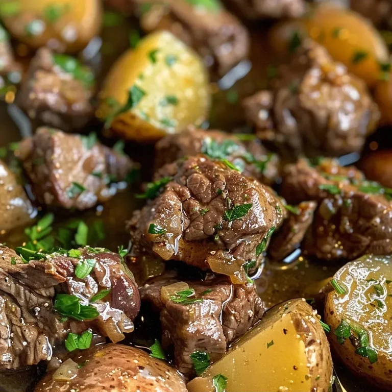 ['Close-up view of juicy garlic butter beef bites with baby potatoes on a wooden table.', 'Side view of tender beef pieces coated in garlic butter, served with halved baby potatoes.', 'Juicy Slow Cooker Garlic Butter Beef Bites in a rich sauce, showcased on a rustic surface.', 'Deliciously cooked beef bites and potatoes glistening with garlic butter, captured from a side angle.']