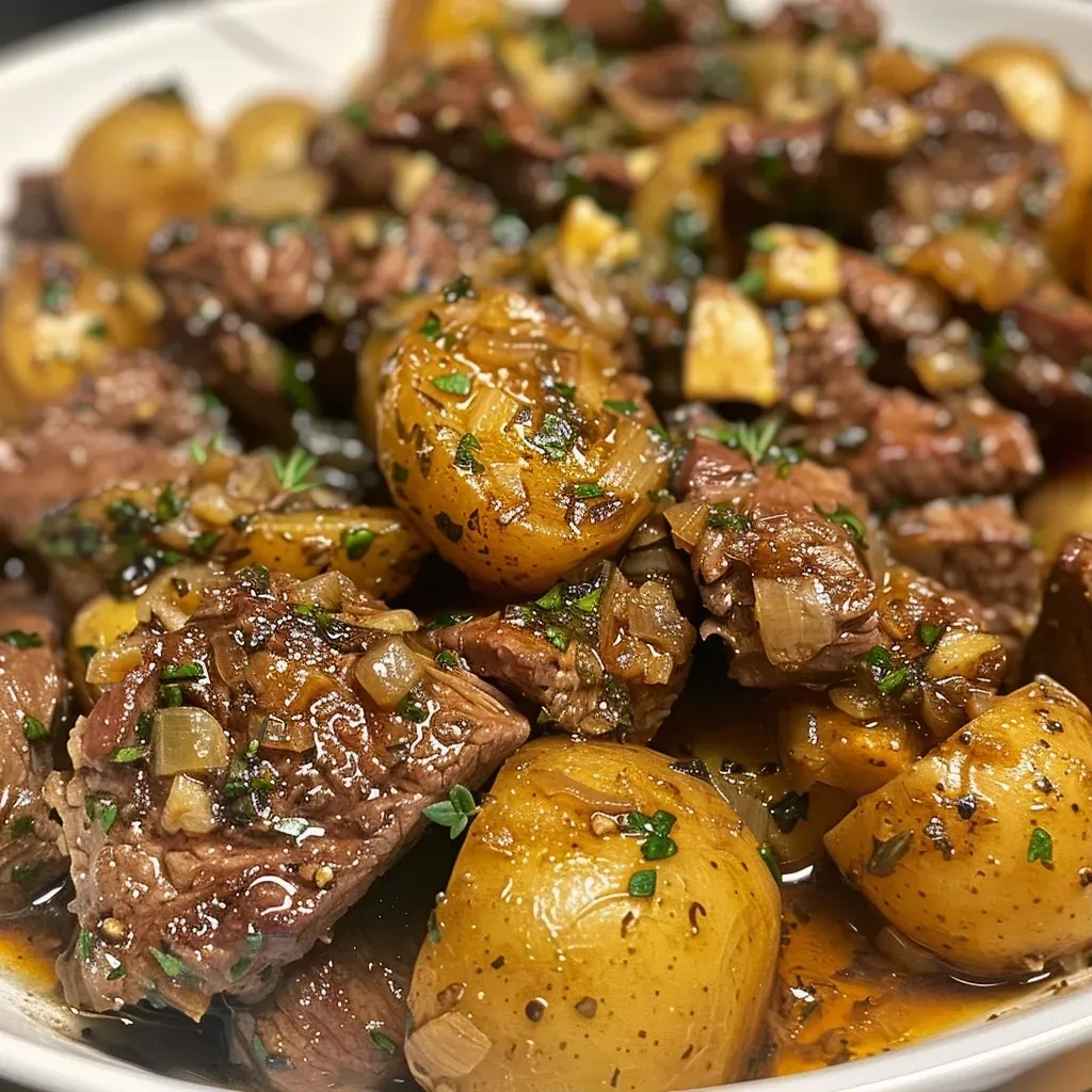 ['Close-up view of juicy beef bites and potatoes in garlic butter sauce.', 'Side shot of tender beef stew meat and baby potatoes coated in garlic butter.', 'Detailed image of Slow Cooker Garlic Butter Beef Bites with fresh parsley garnish.', 'Appetizing close-up of savory beef bites and halved baby potatoes in a rich sauce.']