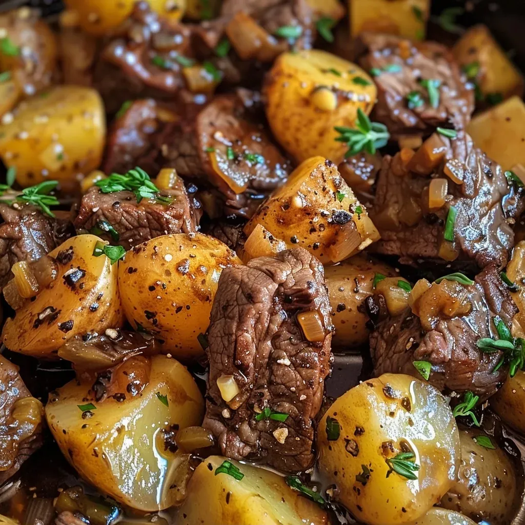 ['Close-up view of juicy beef bites and potatoes in garlic butter sauce.', 'Side shot of tender beef stew meat and baby potatoes coated in garlic butter.', 'Detailed image of Slow Cooker Garlic Butter Beef Bites with fresh parsley garnish.', 'Appetizing close-up of savory beef bites and halved baby potatoes in a rich sauce.']